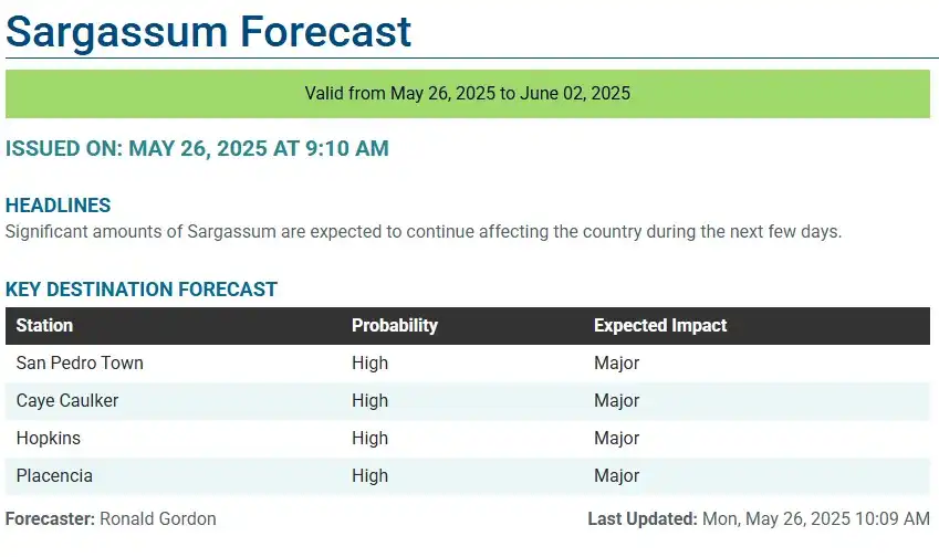 Belize-sargassum-forecast-sargasse-sargazo-sargassum monitoring-26-05-2025