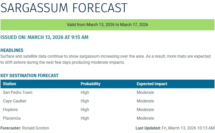 Belize-sargassum-forecast-sargasse-sargazo-sargassum monitoring-14-03-2026