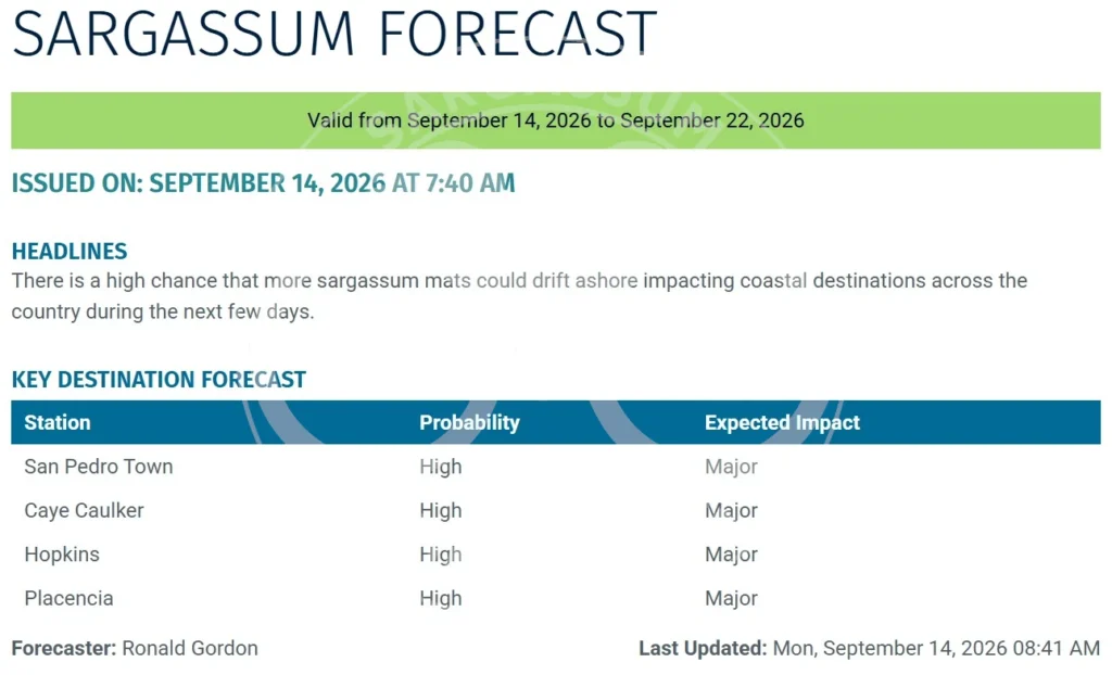 Belize-sargassum-forecast-sargasse-sargazo-sargassum monitoring-16-09-2026